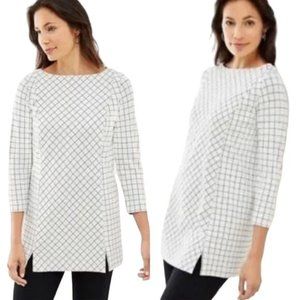 J.JILL Ponte Knit Tunic Top Ivory Black Window Pane 3/4 Sleeves Women's size M